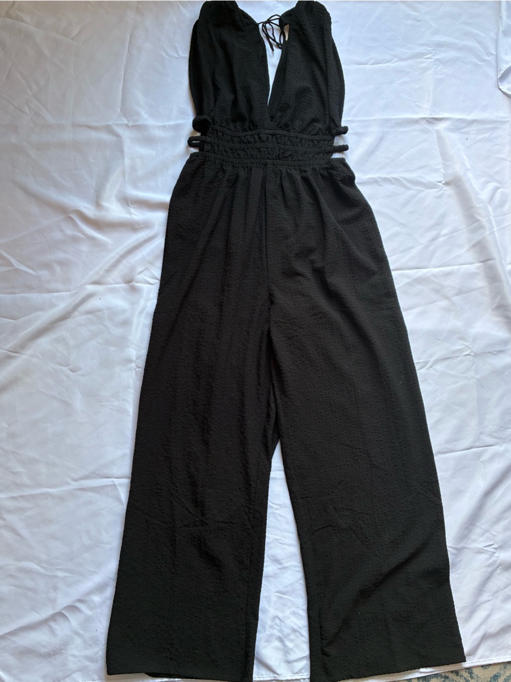 Black V-Neck Wide-Leg Jumpsuit with Smocked Waist - Picture 3 of 6